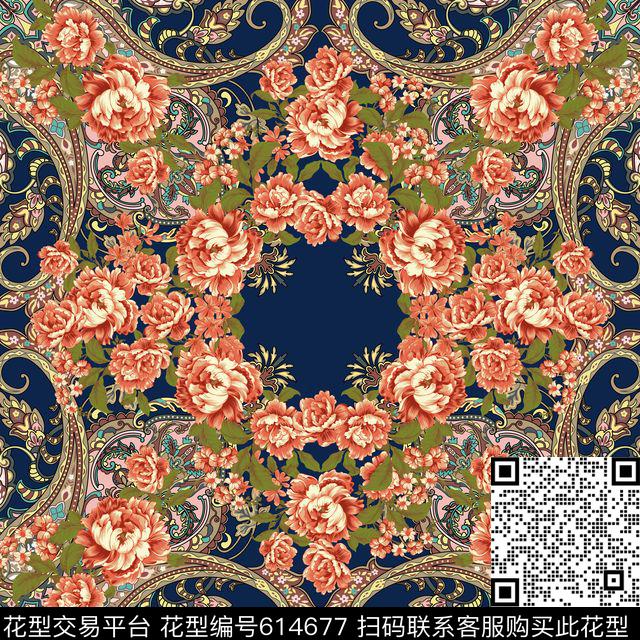 俄罗斯风格丝巾民族风。腰果方巾花卉传统印花华亿平台下载（图片编号: 614677） - 瓦栏（Walan）