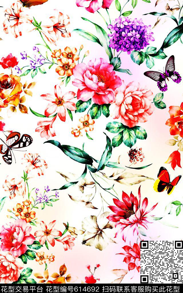 花朵水彩蝴蝶数码印花华亿平台下载（图片编号: 614692） - 瓦栏（Walan）