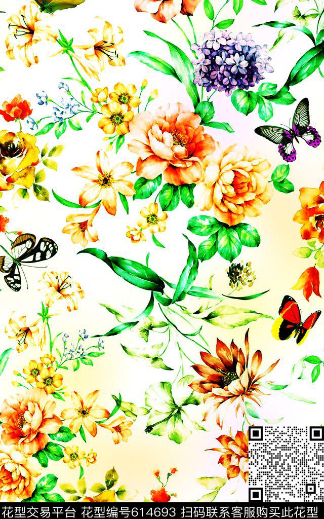 花朵水彩蝴蝶数码印花华亿平台下载（图片编号: 614693） - 瓦栏（Walan）
