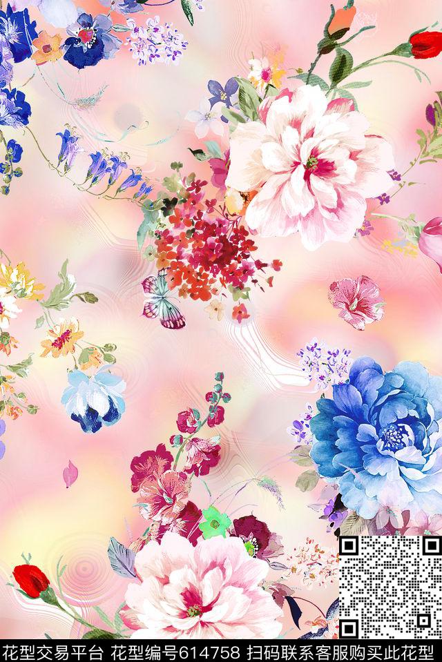 花朵花卉水彩数码印花华亿平台下载（图片编号: 614758） - 瓦栏（Walan）