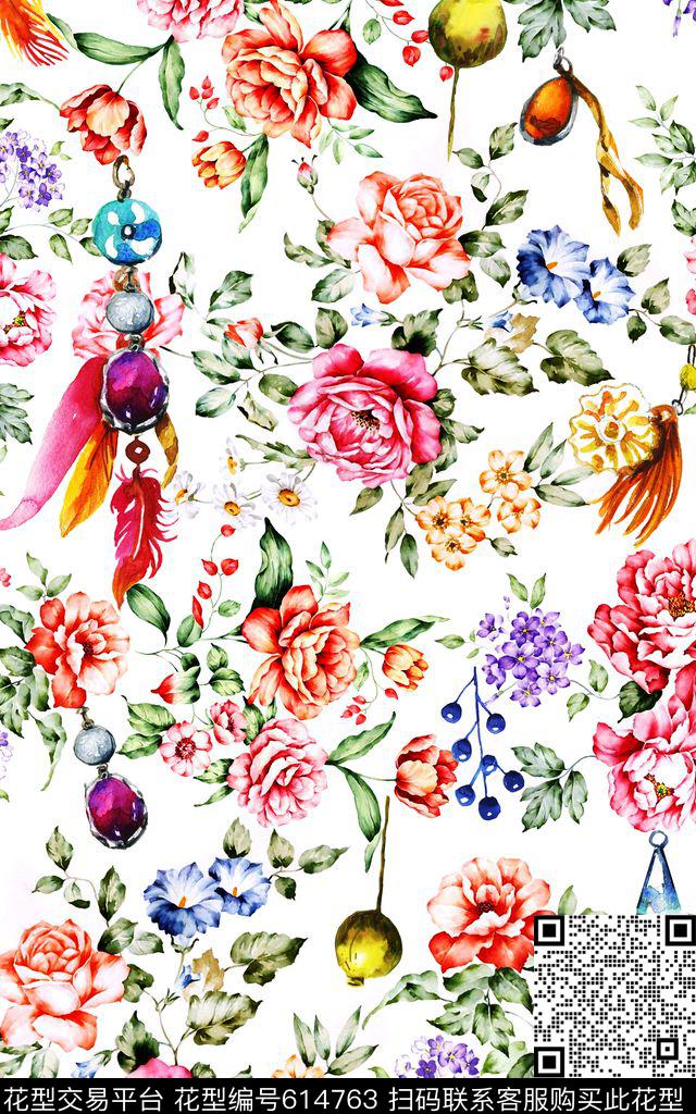 花朵水彩羽毛数码印花华亿平台下载（图片编号: 614763） - 瓦栏（Walan）