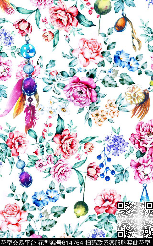 花朵水彩羽毛数码印花华亿平台下载（图片编号: 614764） - 瓦栏（Walan）