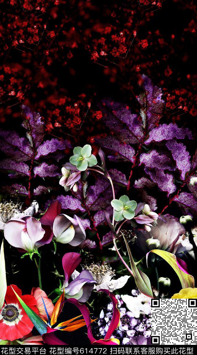 花朵定位花卉数码印花华亿平台下载（图片编号: 614772） - 瓦栏（Walan）