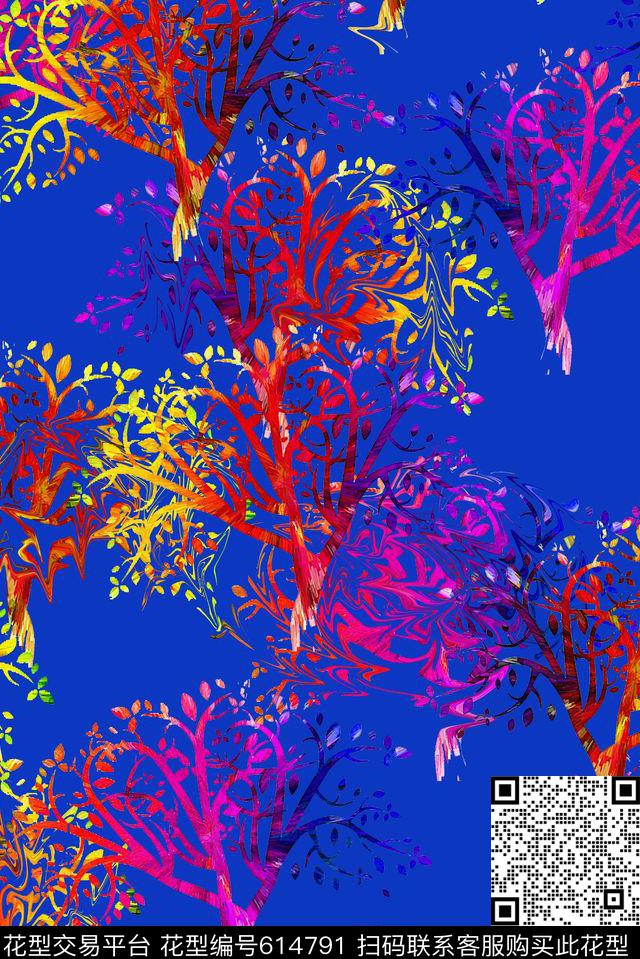 手绘水彩画树枝抽象彩绘印花时尚大牌女装裙子印花数码印花华亿平台下载（图片编号: 614791） - 瓦栏（Walan）