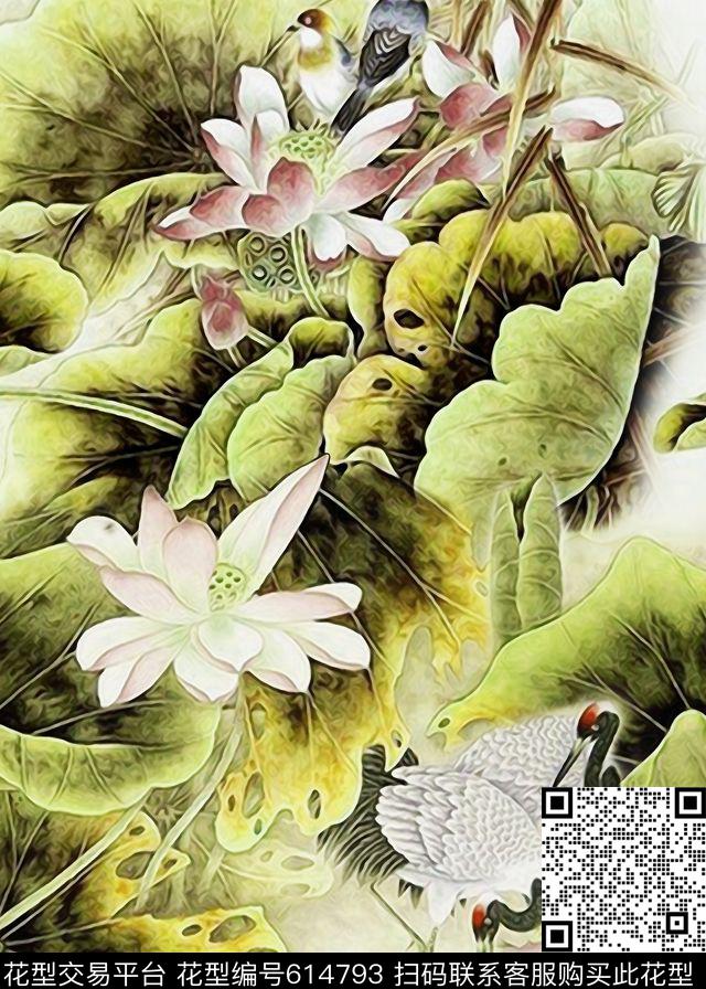 荷吓中国风工笔画数码印花华亿平台下载（图片编号: 614793） - 瓦栏（Walan）