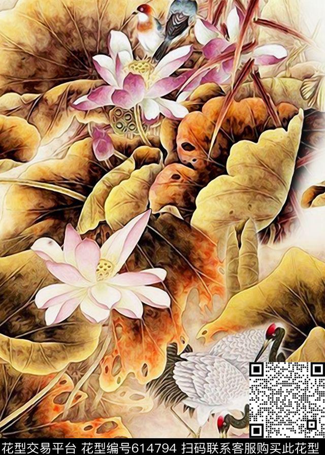荷吓中国风工笔画数码印花华亿平台下载（图片编号: 614794） - 瓦栏（Walan）