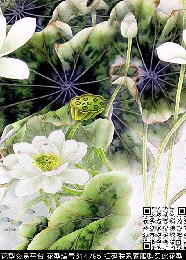 荷花中国风工笔画数码印花华亿平台下载（图片编号: 614795） - 瓦栏（Walan）