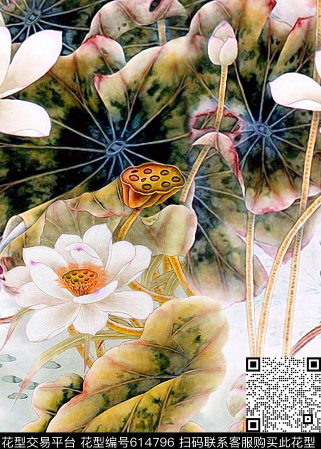 荷花中国风工笔画数码印花华亿平台下载（图片编号: 614796） - 瓦栏（Walan）