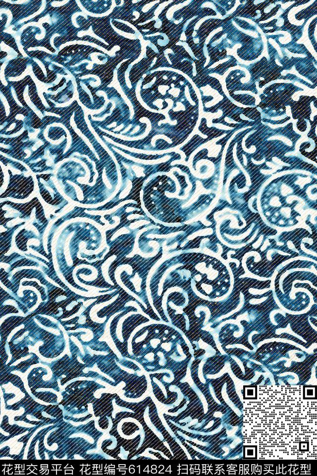欧洲风牛仔纹理藤蔓数码印花华亿平台下载（图片编号: 614824） - 瓦栏（Walan）