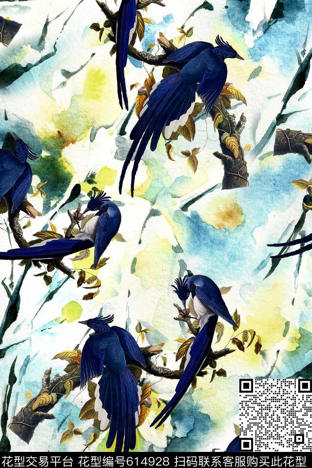鸟水彩树数码印花华亿平台下载（图片编号: 614928） - 瓦栏（Walan）