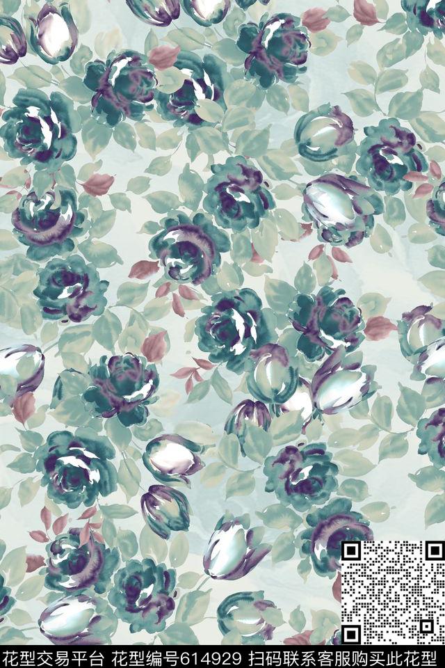 水墨花卉牡丹数码印花华亿平台下载（图片编号: 614929） - 瓦栏（Walan）