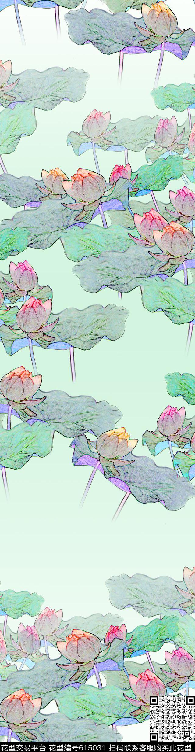 中国风清新荷花数码印花华亿平台下载（图片编号: 615031） - 瓦栏（Walan）