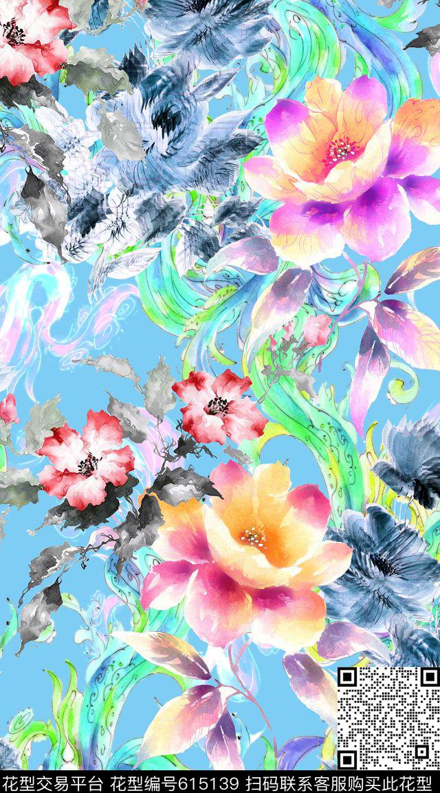 水彩创意花卉数码印花华亿平台下载（图片编号: 615139） - 瓦栏（Walan）