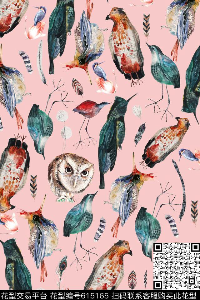 优雅粉晶鸟儿猫头鹰数码印花华亿平台下载（图片编号: 615165） - 瓦栏（Walan）