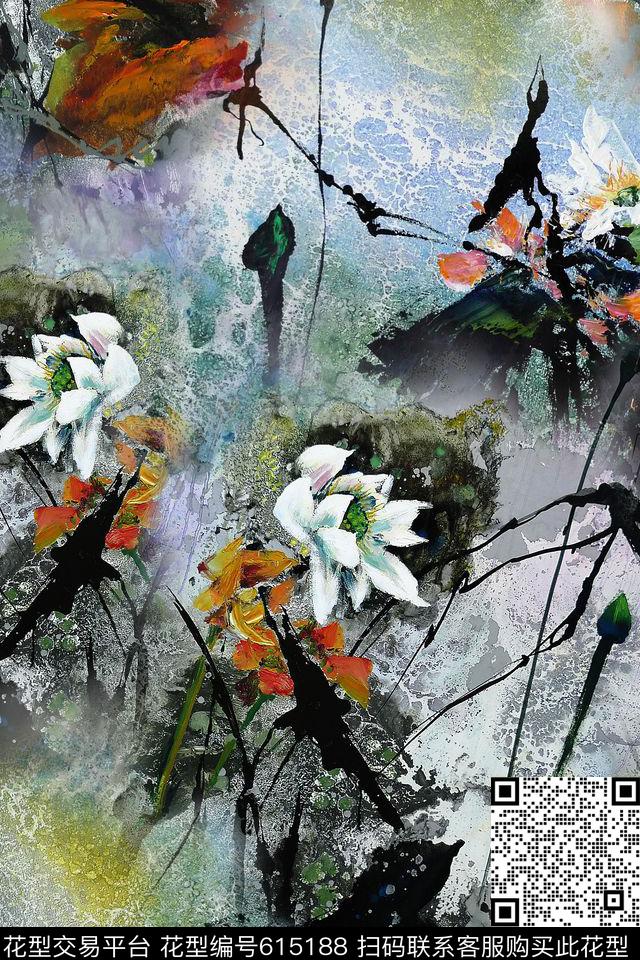 国画水墨荷花数码印花华亿平台下载（图片编号: 615188） - 瓦栏（Walan）