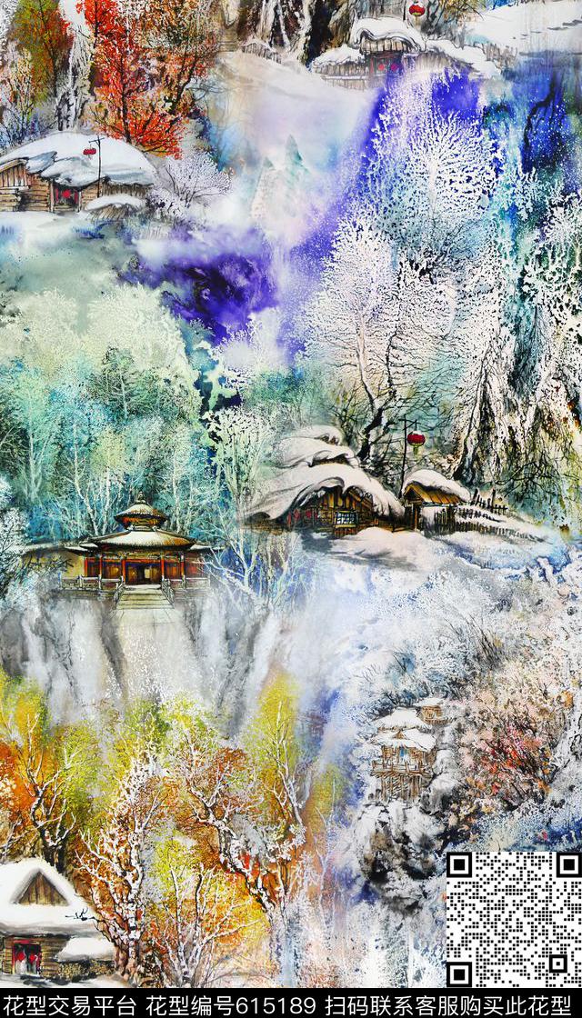 水墨国画风景数码印花华亿平台下载（图片编号: 615189） - 瓦栏（Walan）