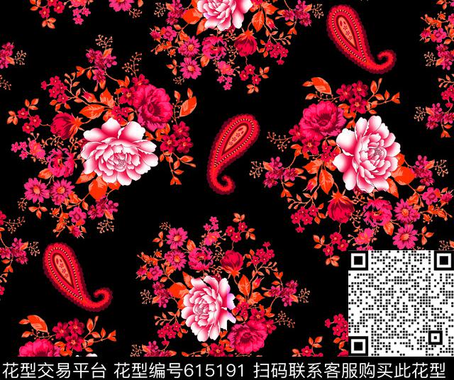 玫瑰牡丹花卉数码印花华亿平台下载（图片编号: 615191） - 瓦栏（Walan）