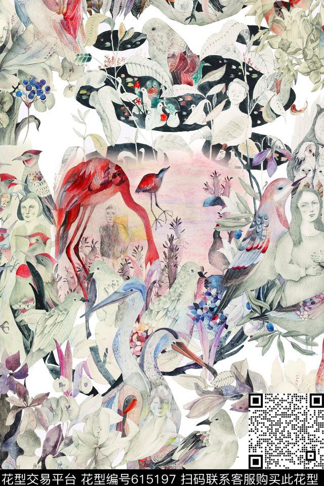 鸟儿火烈鸟神话人物数码印花华亿平台下载（图片编号: 615197） - 瓦栏（Walan）