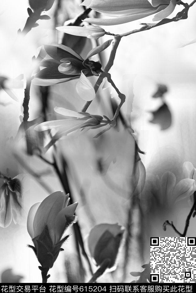 玉兰花黑白色抽象花卉数码印花华亿平台下载（图片编号: 615204） - 瓦栏（Walan）