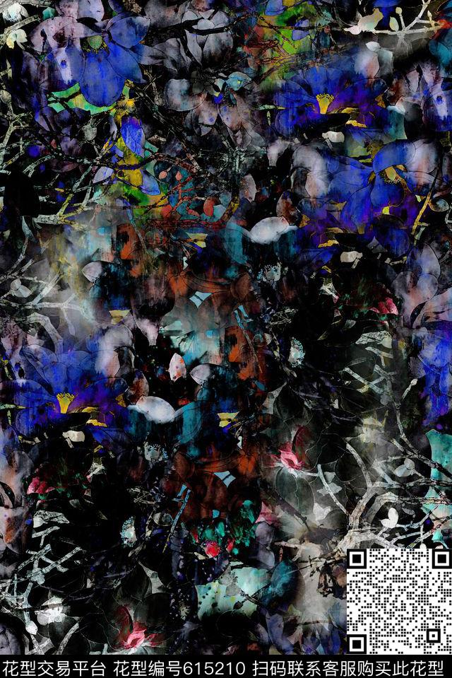 抽象花卉抽象笔触花卉数码印花华亿平台下载（图片编号: 615210） - 瓦栏（Walan）
