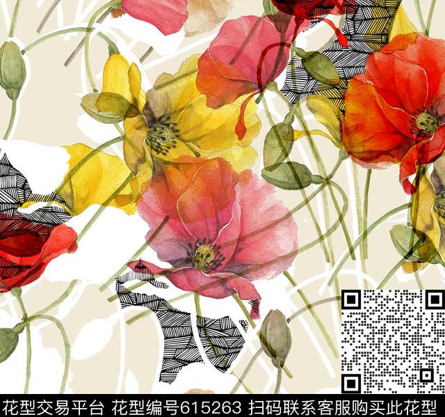 罂粟花17春夏花朵传统印花华亿平台下载（图片编号: 615263） - 瓦栏（Walan）