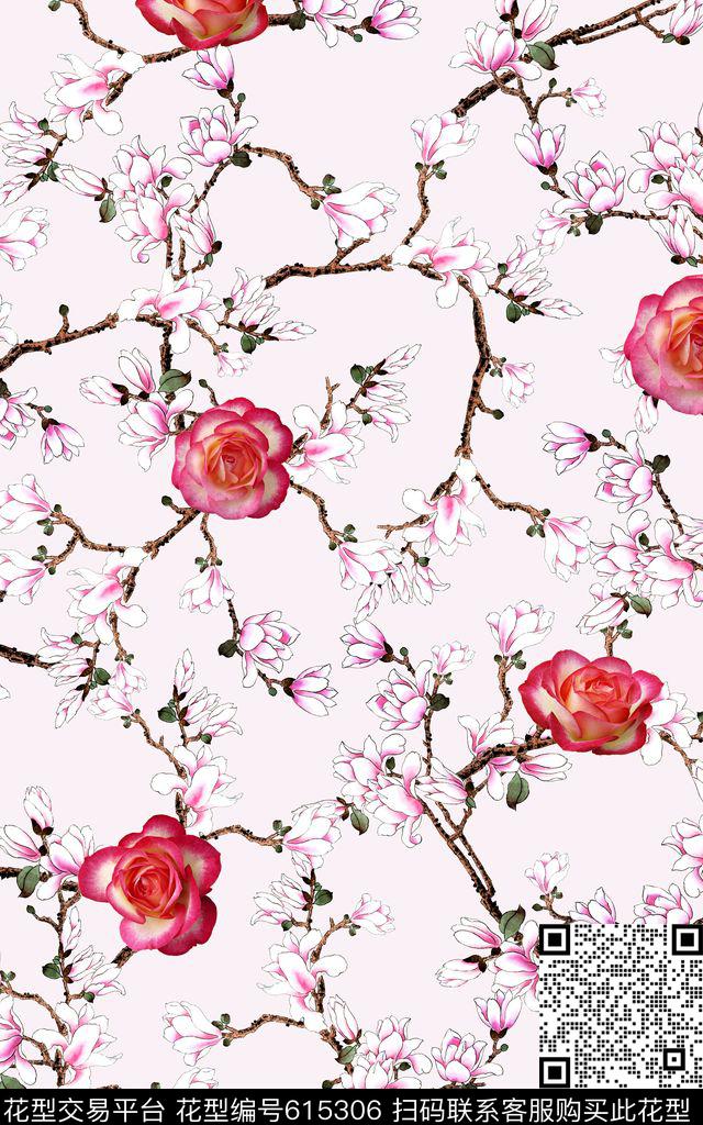花朵小清新玉兰花数码印花华亿平台下载（图片编号: 615306） - 瓦栏（Walan）
