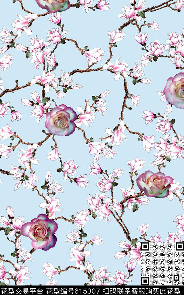 花朵小清新玉兰花数码印花华亿平台下载（图片编号: 615307） - 瓦栏（Walan）