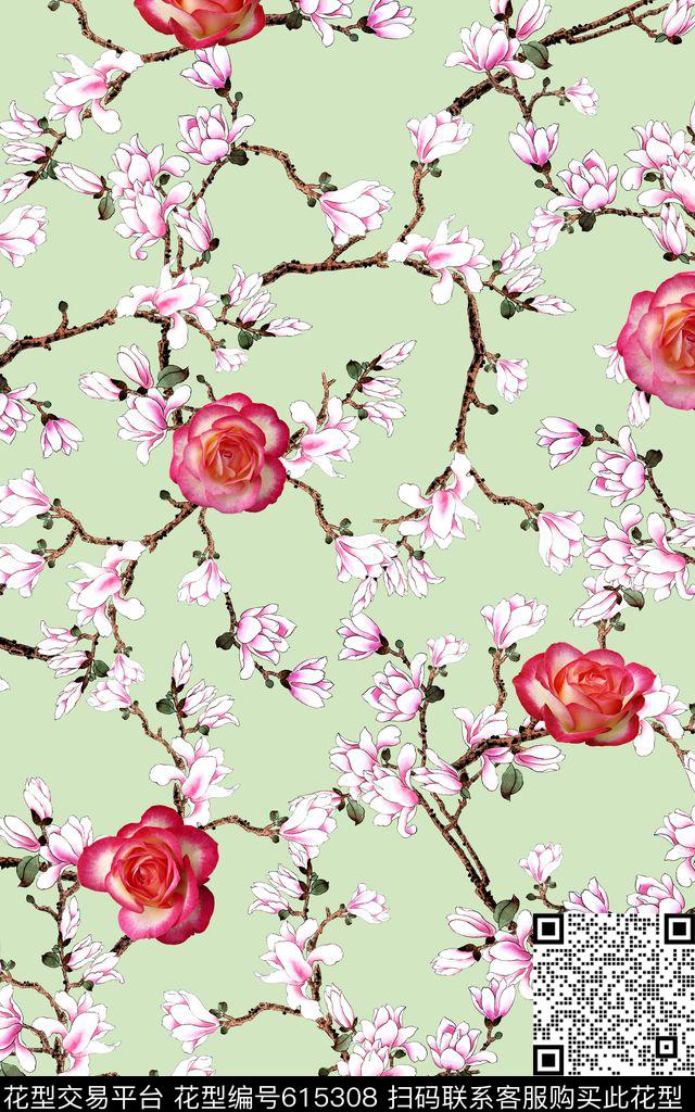 花朵小清新玉兰花数码印花华亿平台下载（图片编号: 615308） - 瓦栏（Walan）