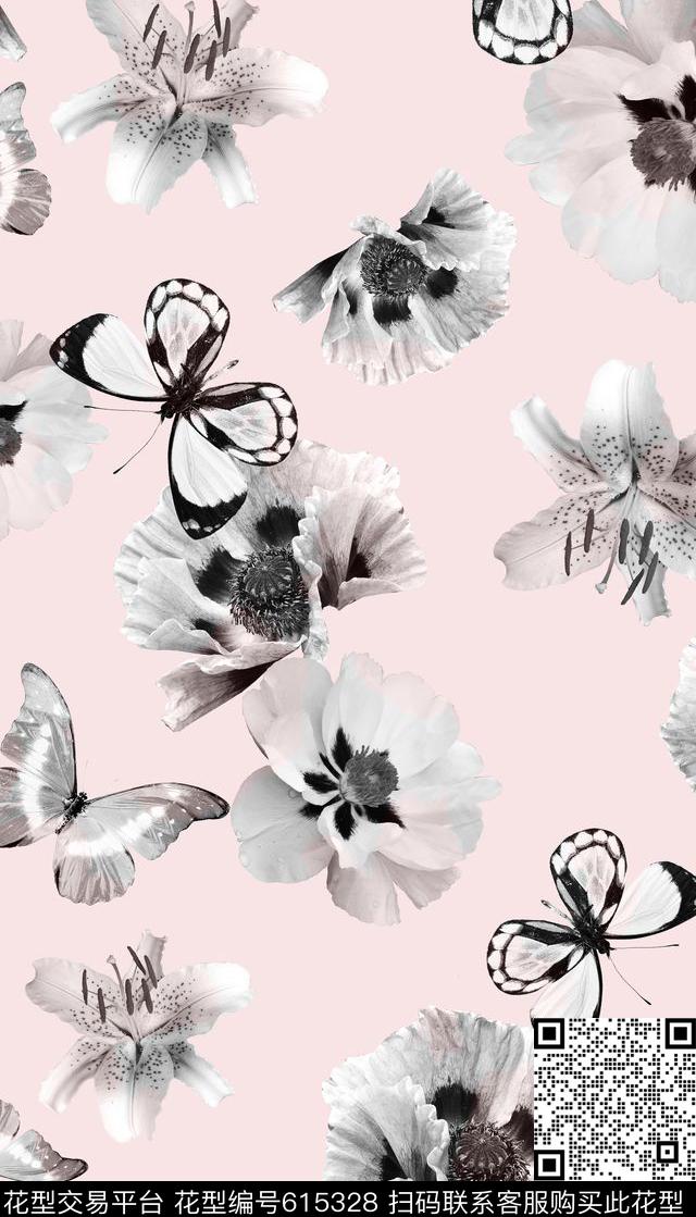 花卉、蝴蝶、纯底数码印花华亿平台下载（图片编号: 615328） - 瓦栏（Walan）