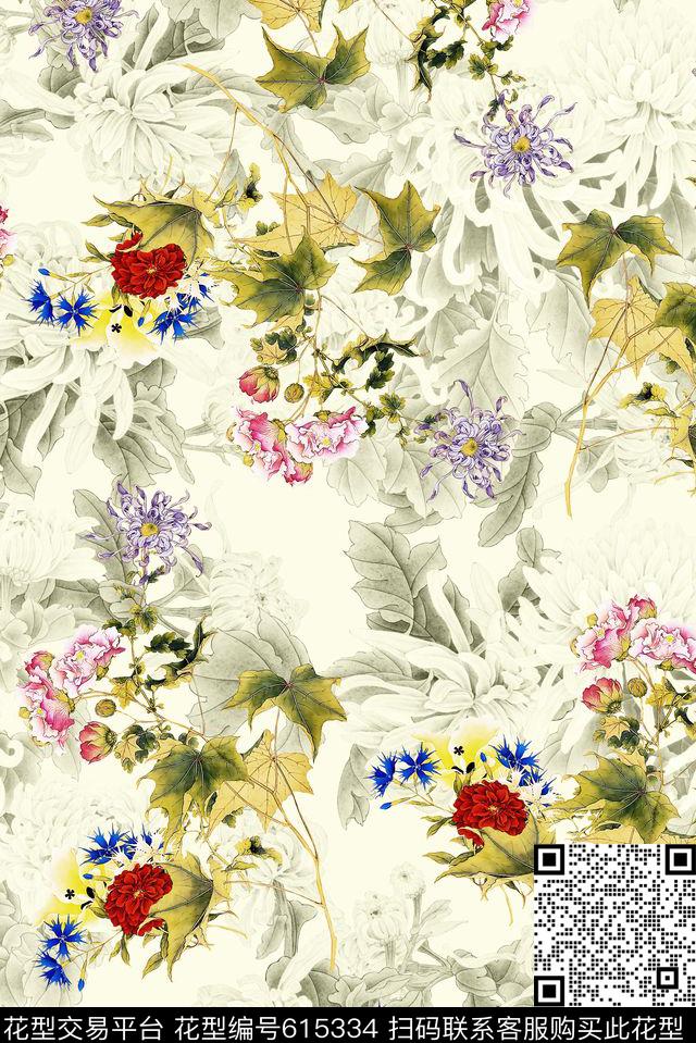 水彩花朵花卉数码印花华亿平台下载（图片编号: 615334） - 瓦栏（Walan）