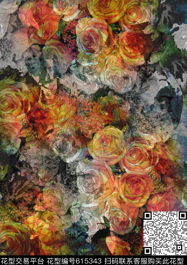 花卉水墨花卉数码印花华亿平台下载（图片编号: 615343） - 瓦栏（Walan）