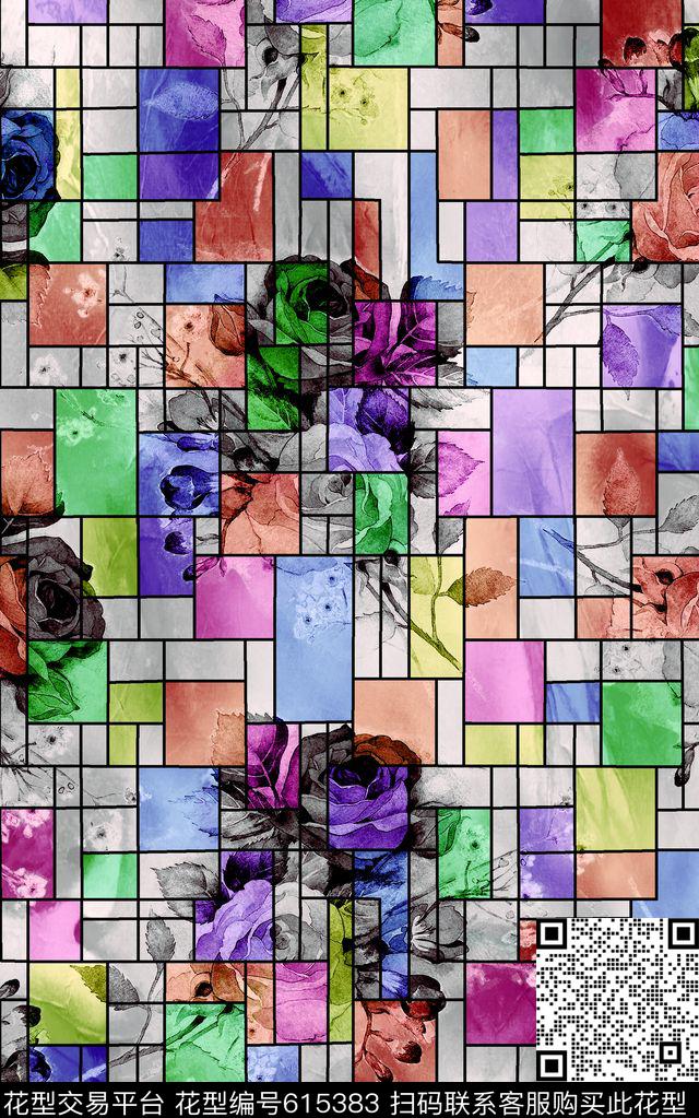 格子几何花卉数码印花华亿平台下载（图片编号: 615383） - 瓦栏（Walan）