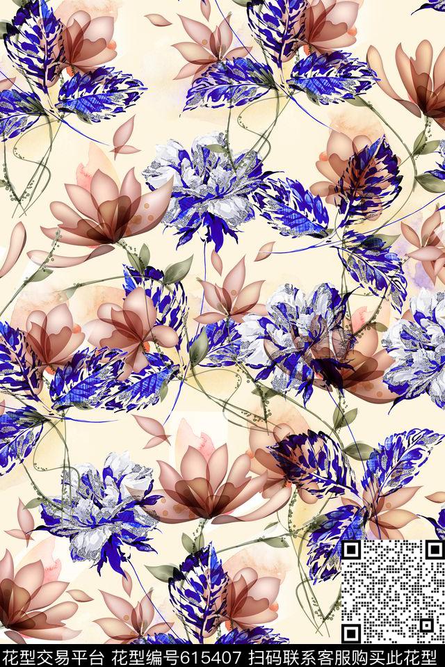 复古水彩叶子数码印花华亿平台下载（图片编号: 615407） - 瓦栏（Walan）