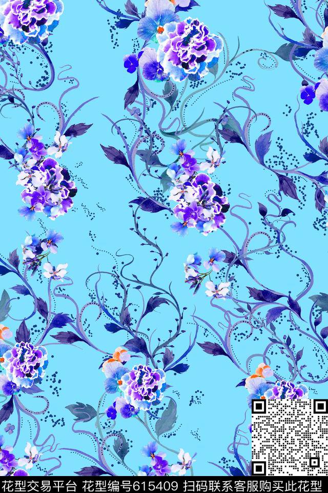 手绘花浅底小碎花数码印花华亿平台下载（图片编号: 615409） - 瓦栏（Walan）