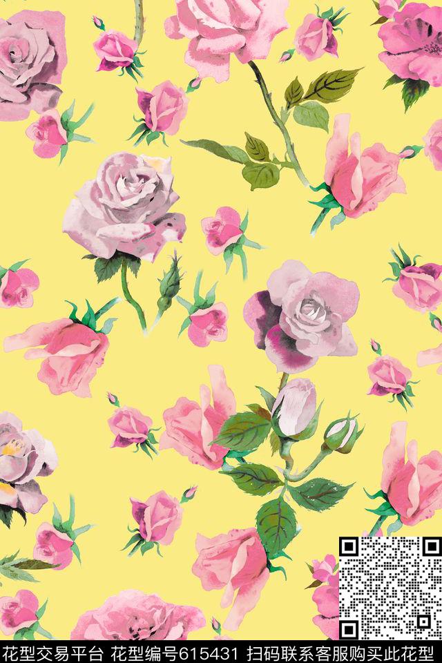 浅底花朵花卉数码印花华亿平台下载（图片编号: 615431） - 瓦栏（Walan）