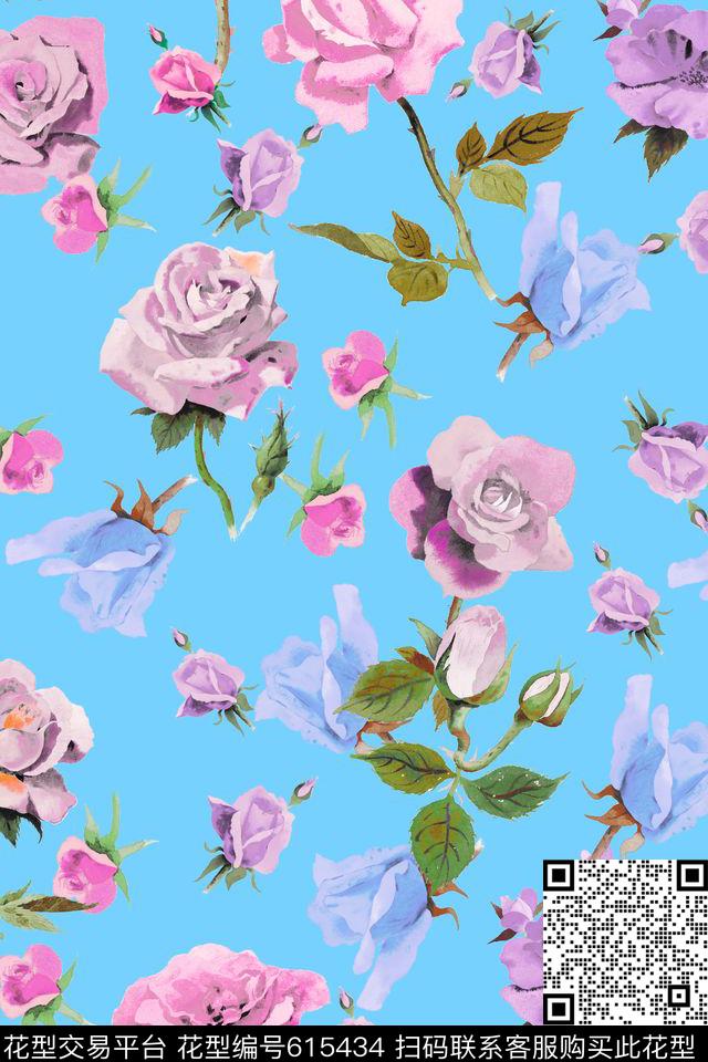 浅底花朵花卉数码印花华亿平台下载（图片编号: 615434） - 瓦栏（Walan）