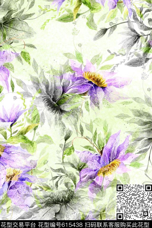 水彩花卉数码印花华亿平台下载（图片编号: 615438） - 瓦栏（Walan）