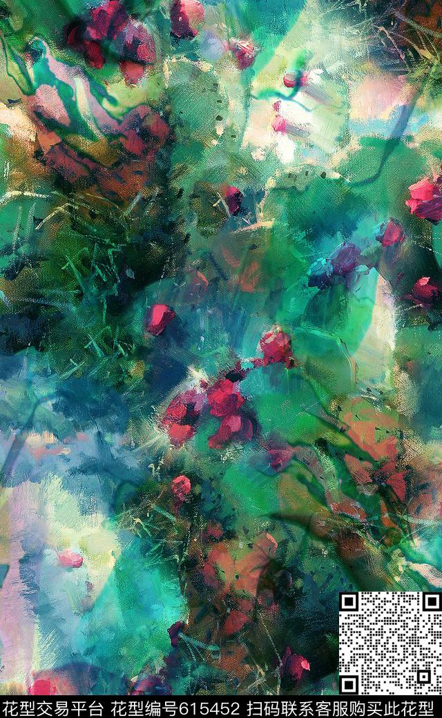 抽象复古油画玫瑰小花数码印花华亿平台下载（图片编号: 615452） - 瓦栏（Walan）