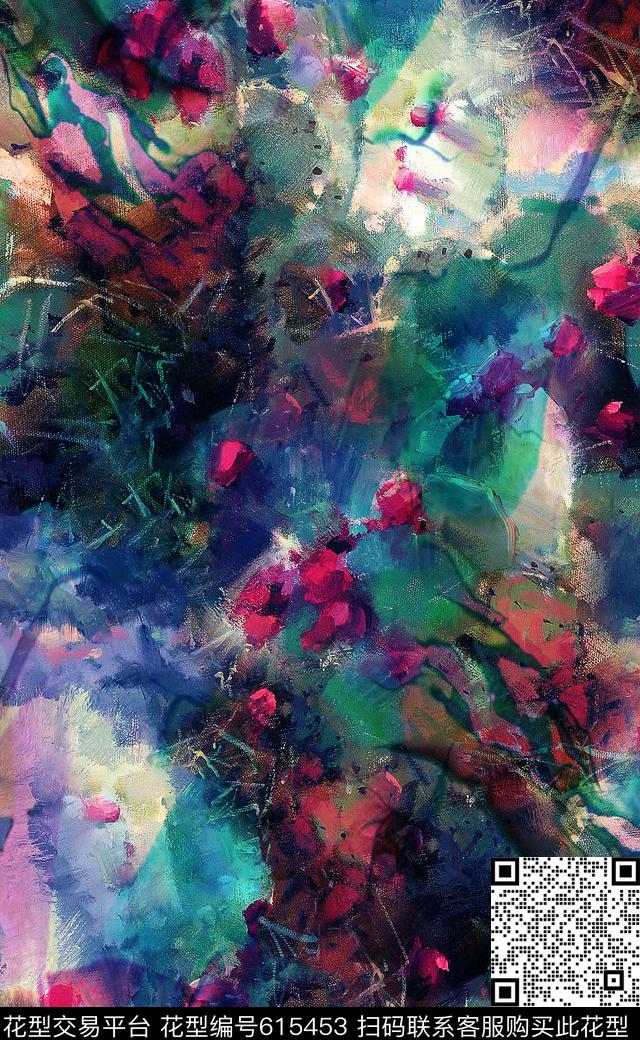 抽象复古油画玫瑰小花数码印花华亿平台下载（图片编号: 615453） - 瓦栏（Walan）
