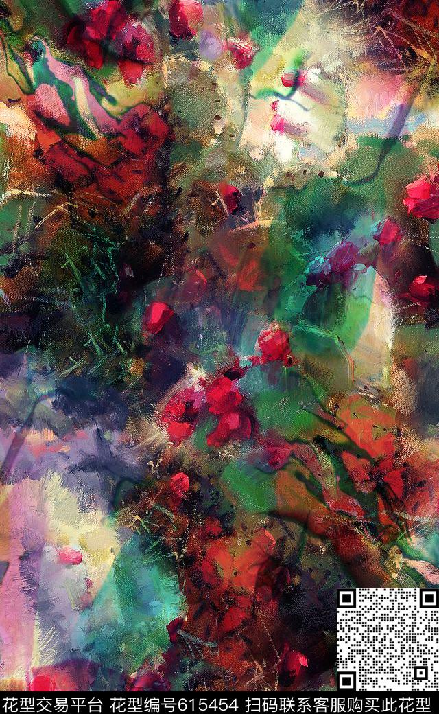 抽象复古油画玫瑰小花数码印花华亿平台下载（图片编号: 615454） - 瓦栏（Walan）