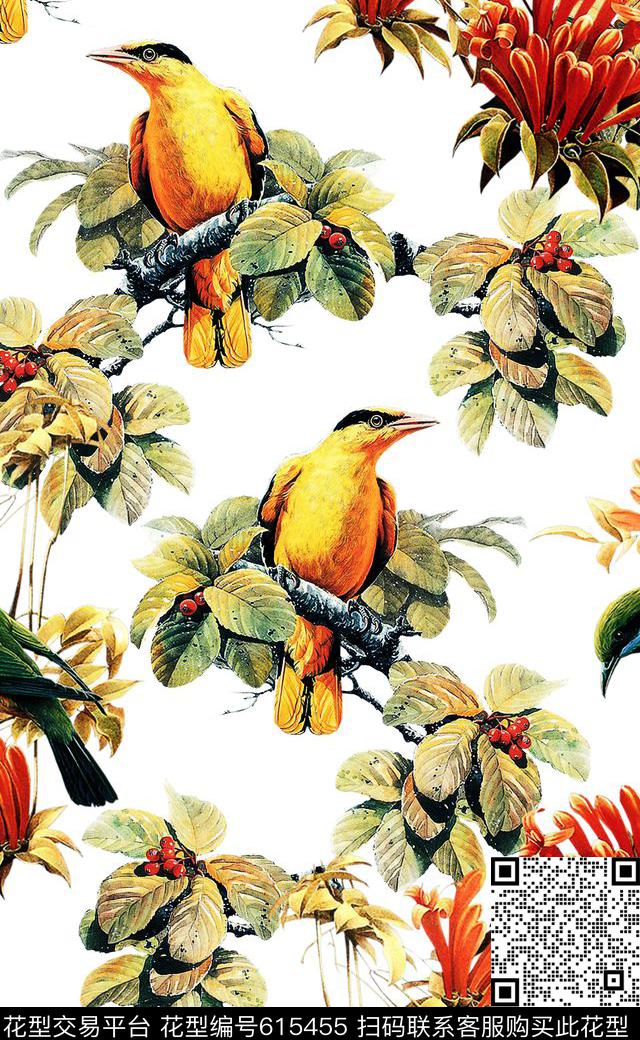 花朵复古范中国风小鸟印花数码印花华亿平台下载（图片编号: 615455） - 瓦栏（Walan）