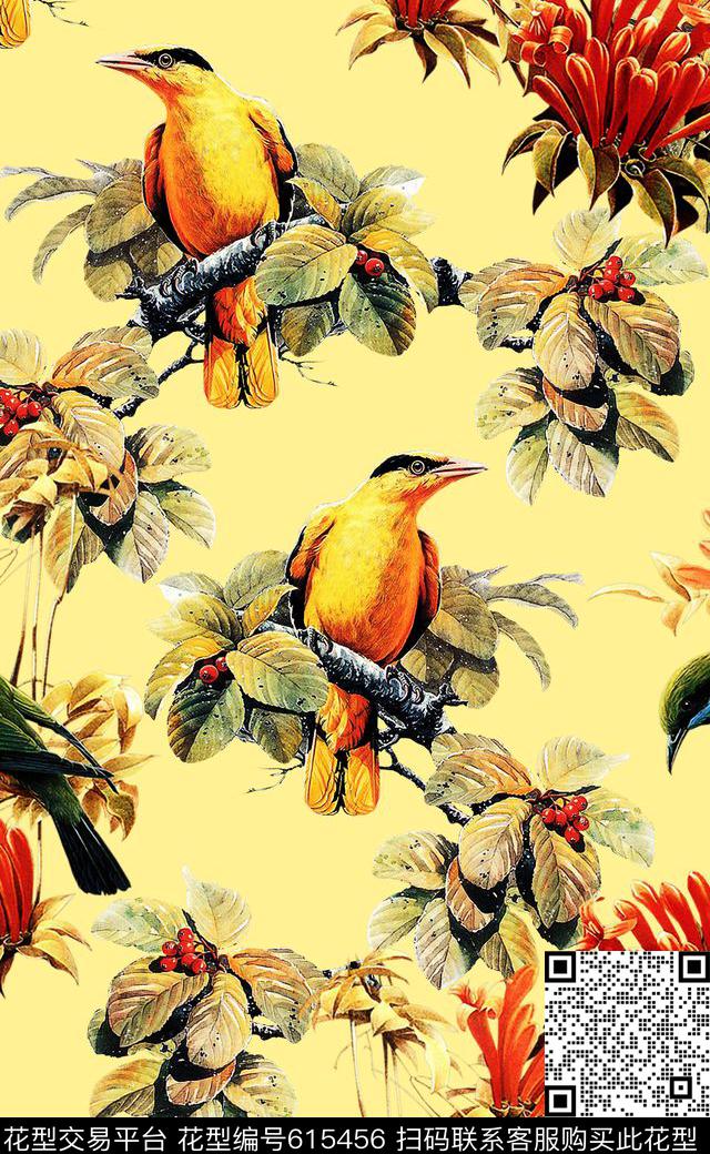 花朵复古范中国风小鸟印花数码印花华亿平台下载（图片编号: 615456） - 瓦栏（Walan）