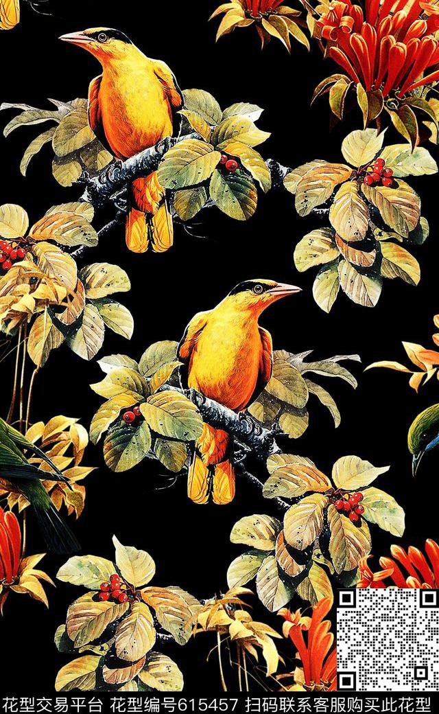 花朵复古范中国风小鸟印花数码印花华亿平台下载（图片编号: 615457） - 瓦栏（Walan）