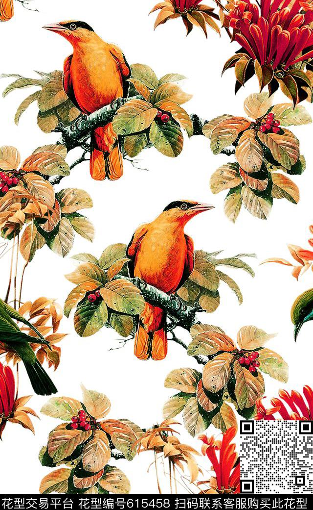 花朵复古范中国风小鸟印花数码印花华亿平台下载（图片编号: 615458） - 瓦栏（Walan）