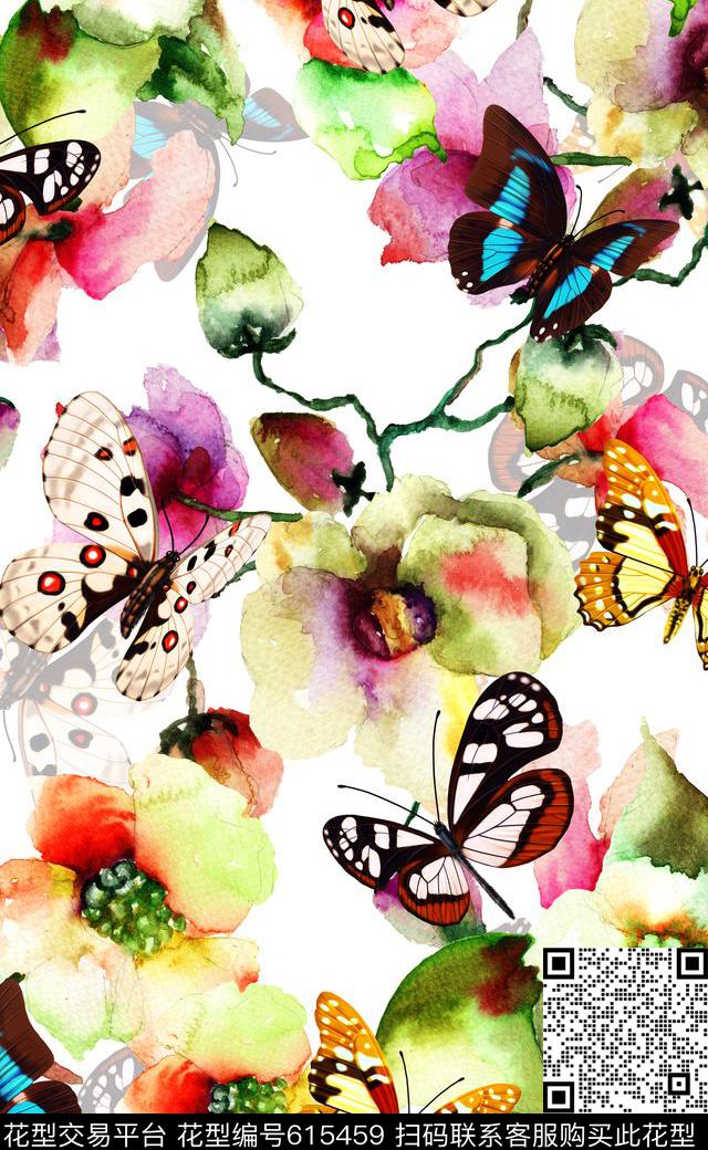 乱花花朵蝴蝶大花数码印花华亿平台下载（图片编号: 615459） - 瓦栏（Walan）