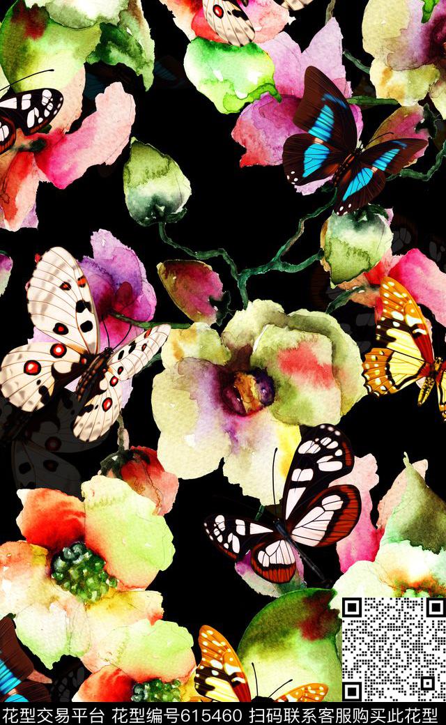 乱花花朵蝴蝶大花数码印花华亿平台下载（图片编号: 615460） - 瓦栏（Walan）