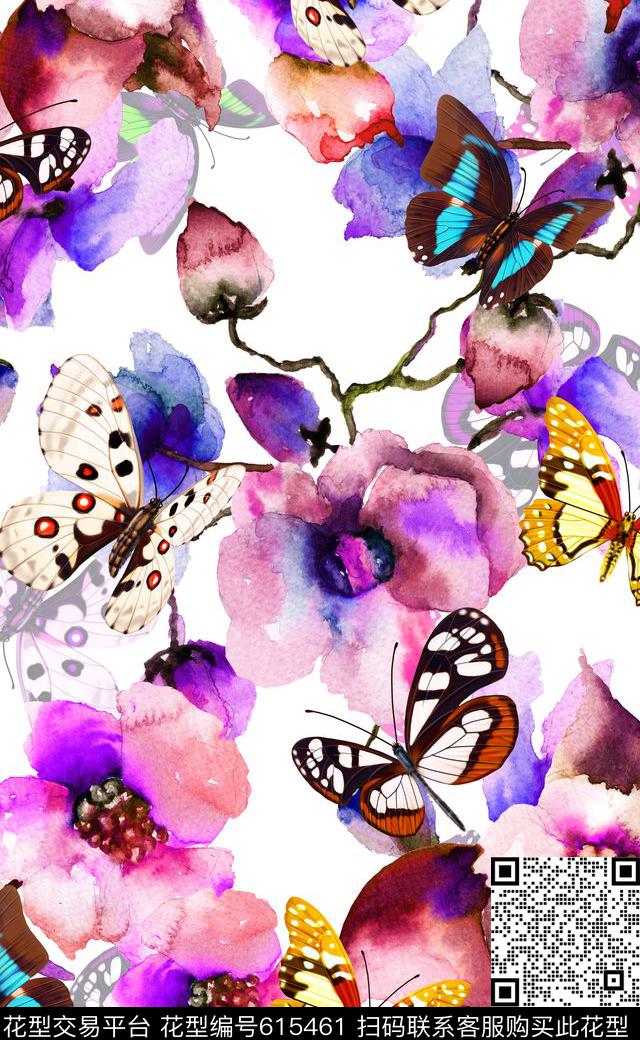 乱花花朵蝴蝶大花数码印花华亿平台下载（图片编号: 615461） - 瓦栏（Walan）