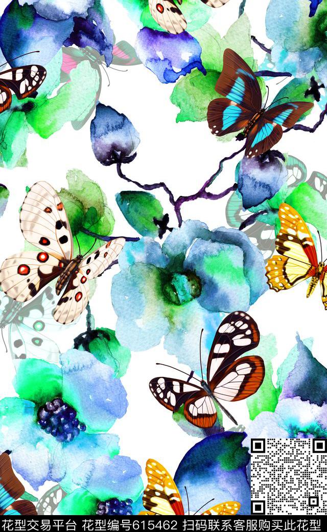 乱花花朵蝴蝶大花数码印花华亿平台下载（图片编号: 615462） - 瓦栏（Walan）