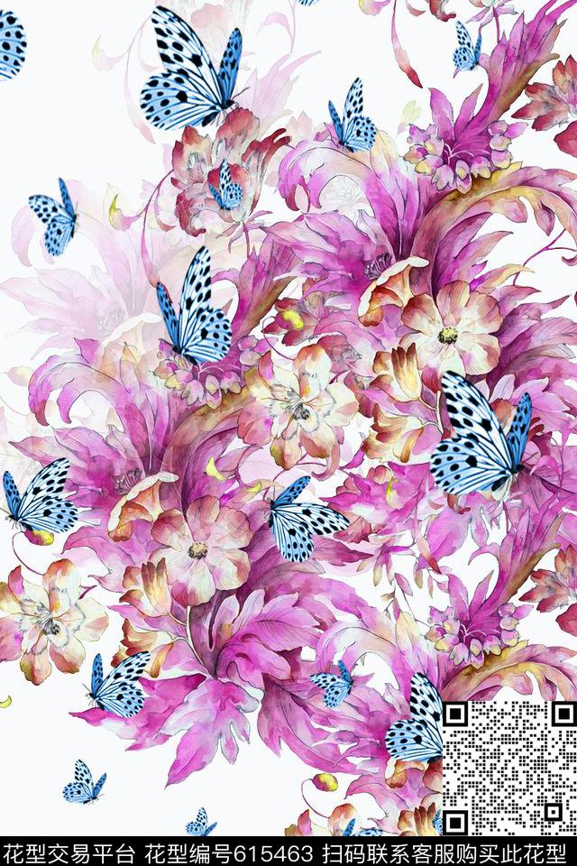 花卉蝴蝶昆虫数码印花华亿平台下载（图片编号: 615463） - 瓦栏（Walan）