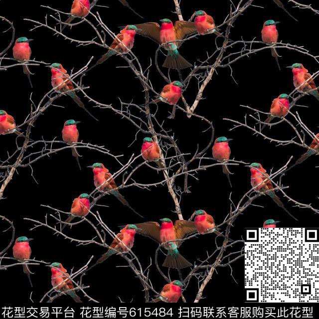 抽象树枝小鸟数码印花华亿平台下载（图片编号: 615484） - 瓦栏（Walan）